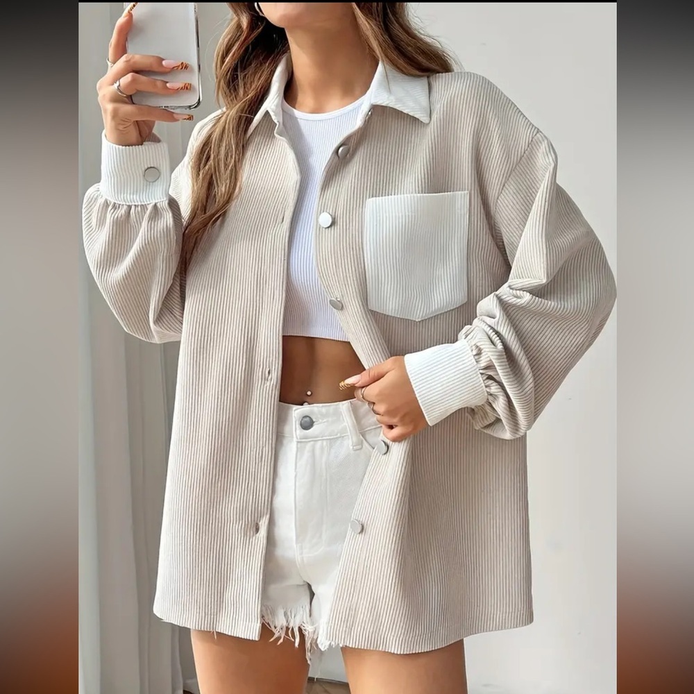 Women's Beige Neutral Nude Corduroy Shacket Jacket - Picture 1 of 3
